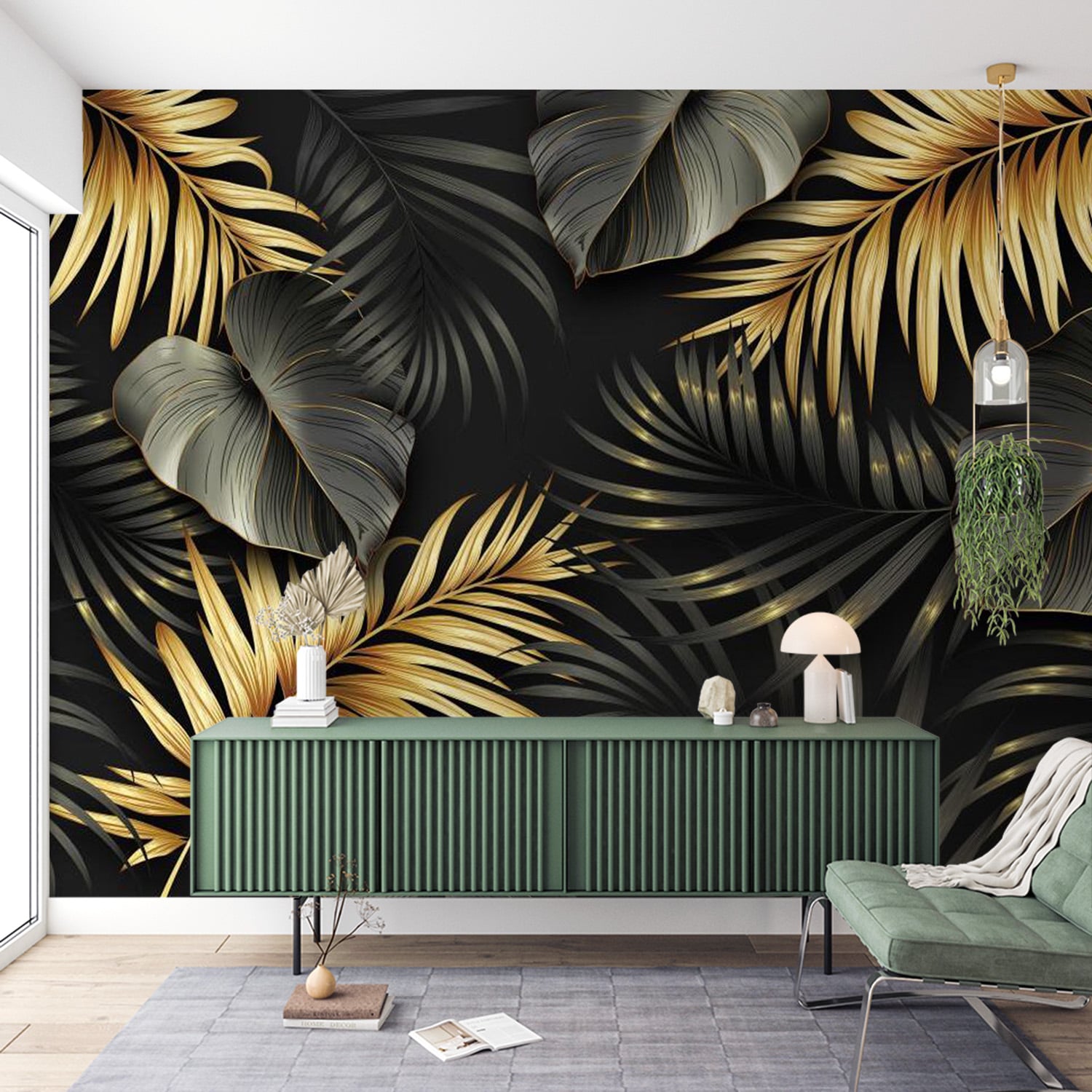 papier peint feuillage noir et or avec feuilles de palmiers pour chambre ou salon