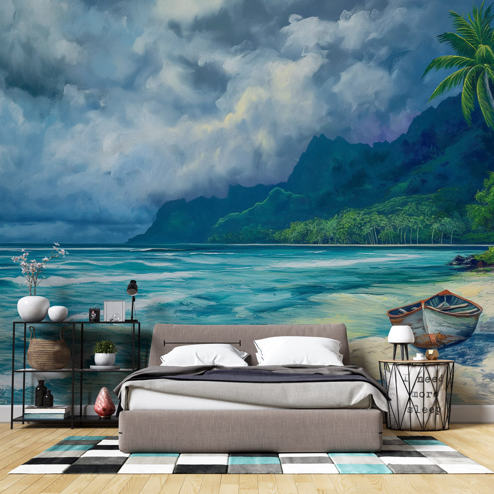  papier peint nature barque et paysage tropical