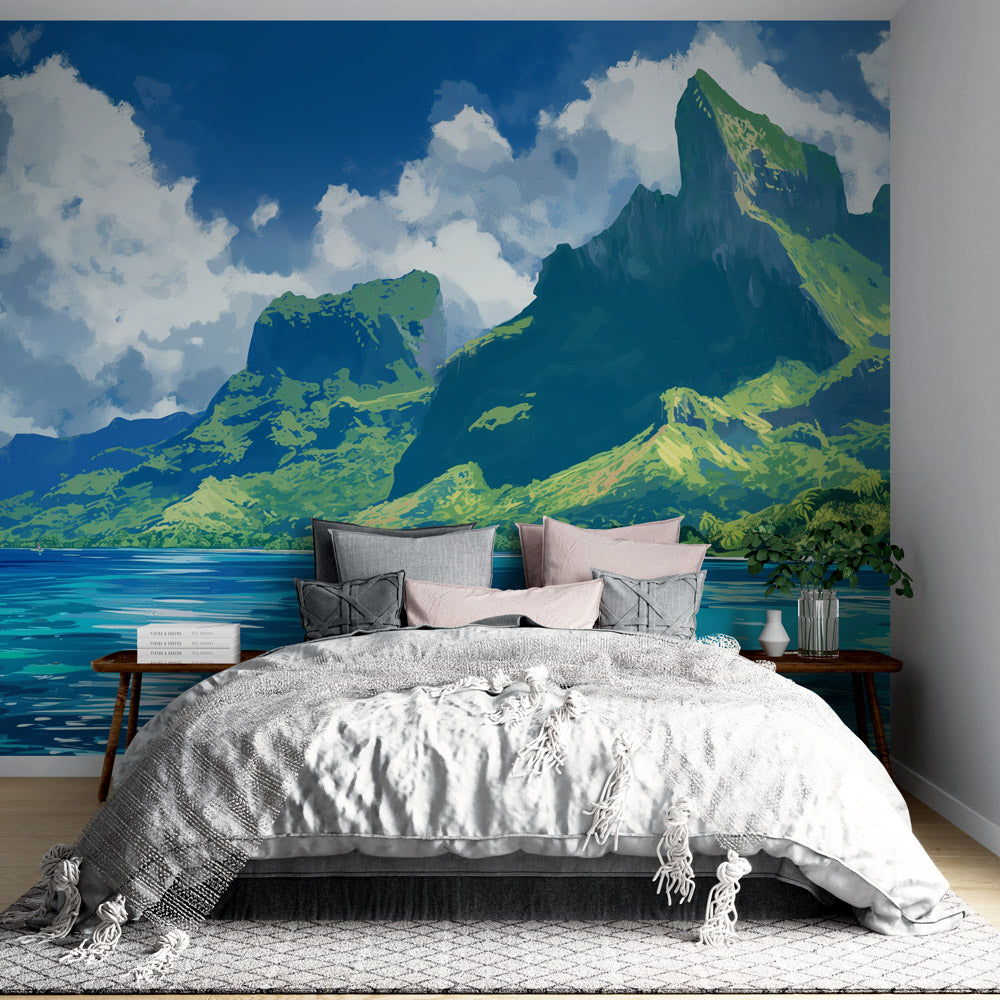  papier peint paysage montagne et bord de mer style dessin 