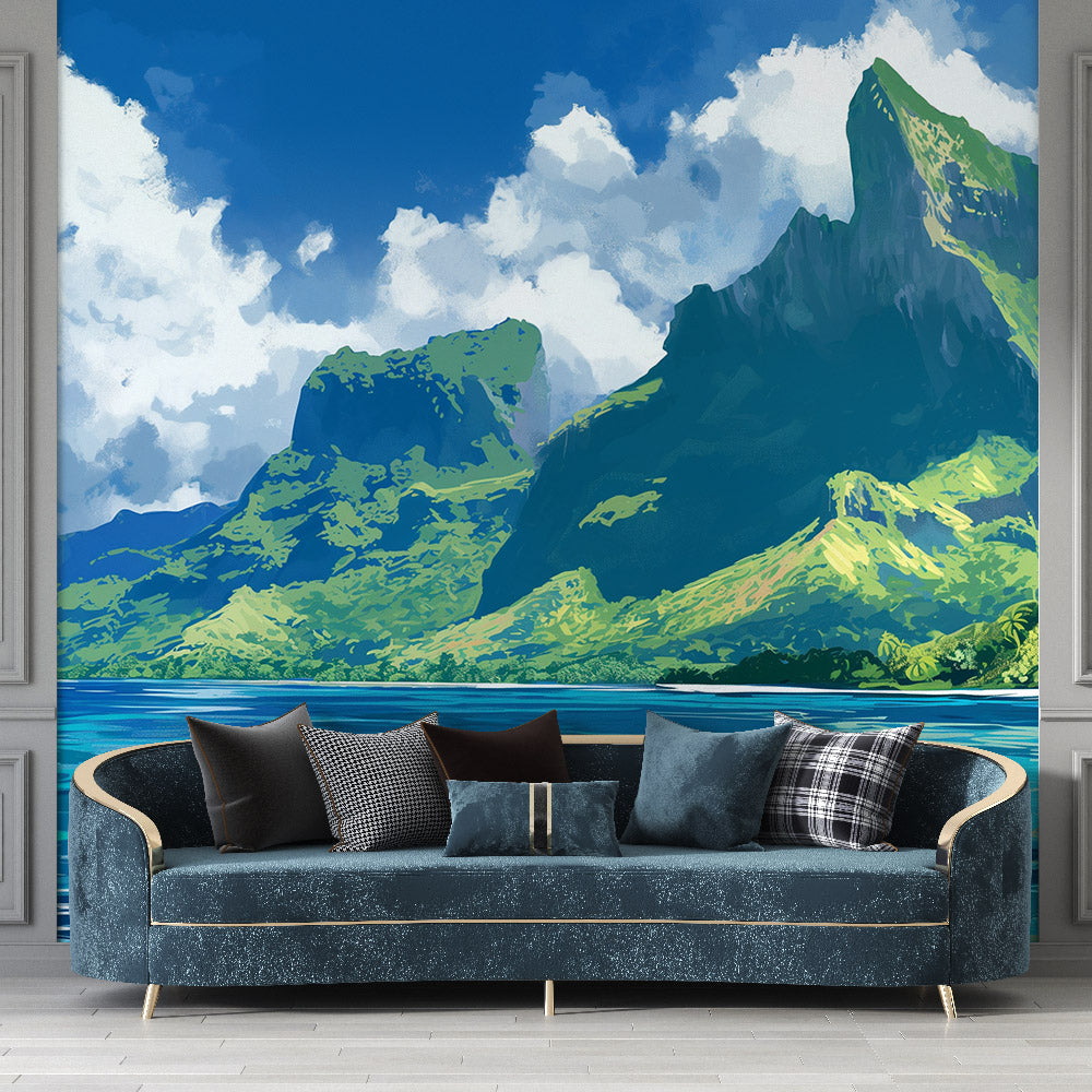  papier peint paysage montagne et bord de mer style dessin