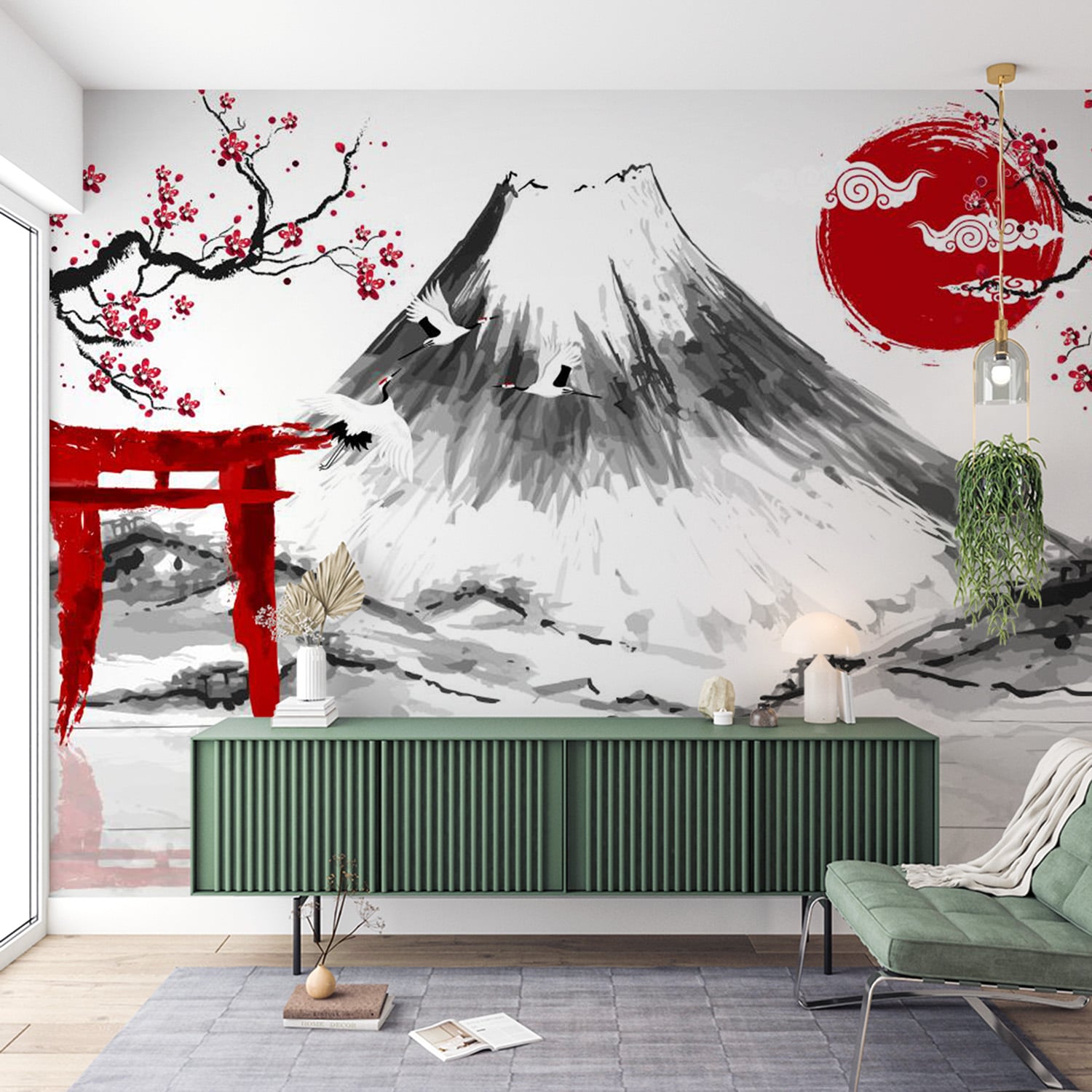 papier peint japoniasant mont fuji et cerisier japonais rouge