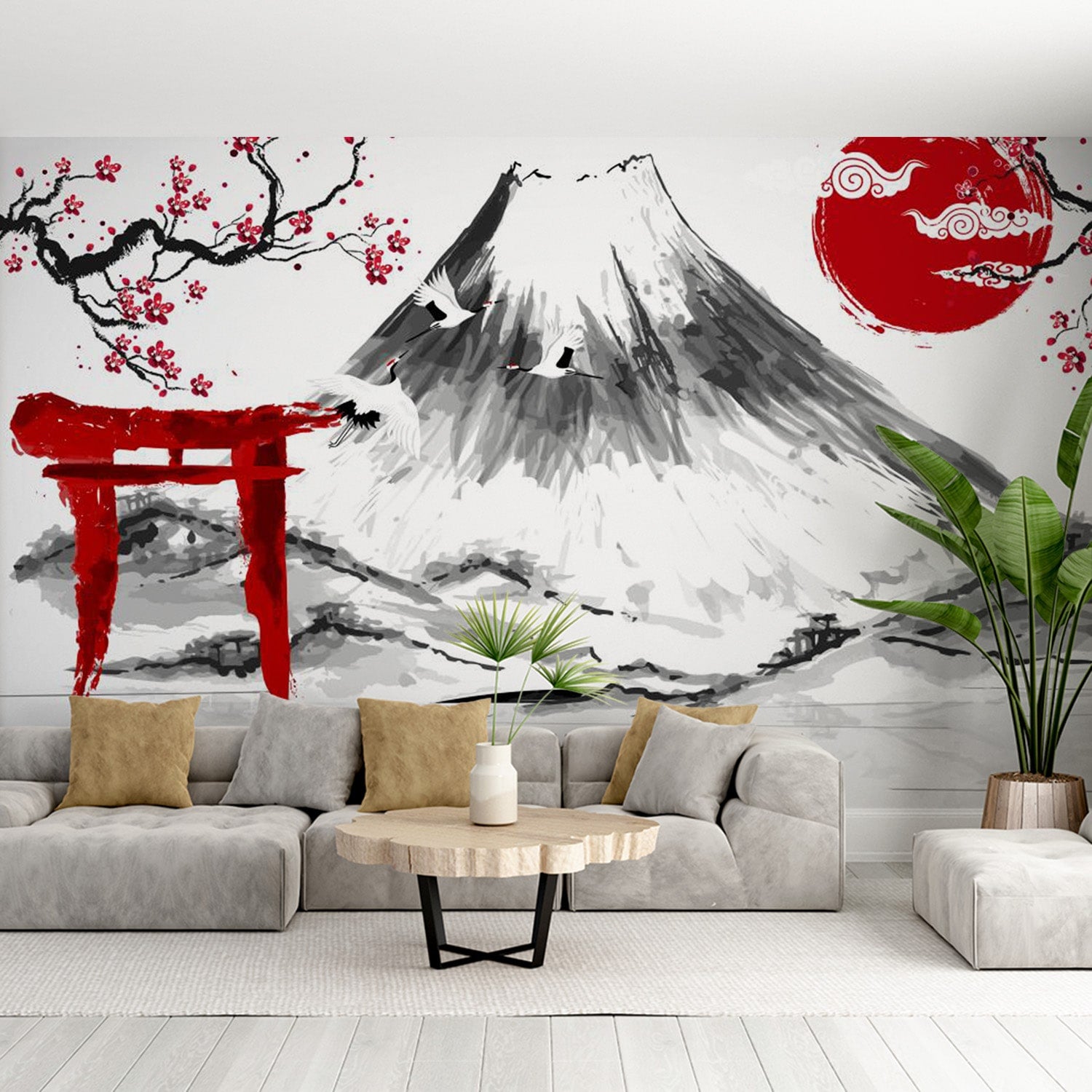 papier peint japon avec soleil rouge mont fuji et cerisier japonais