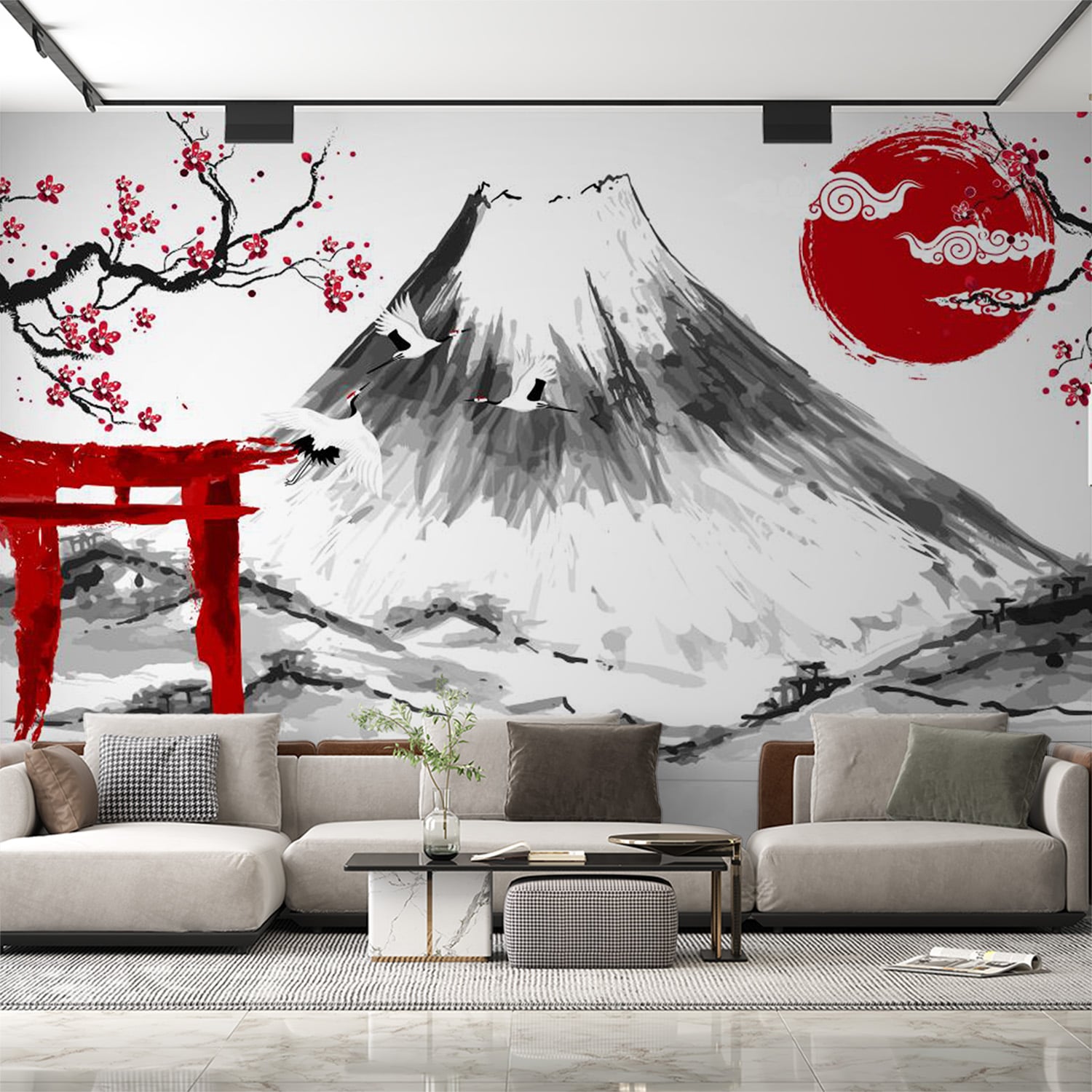 papier peint japonais avec mont fuji et cerisier japonais