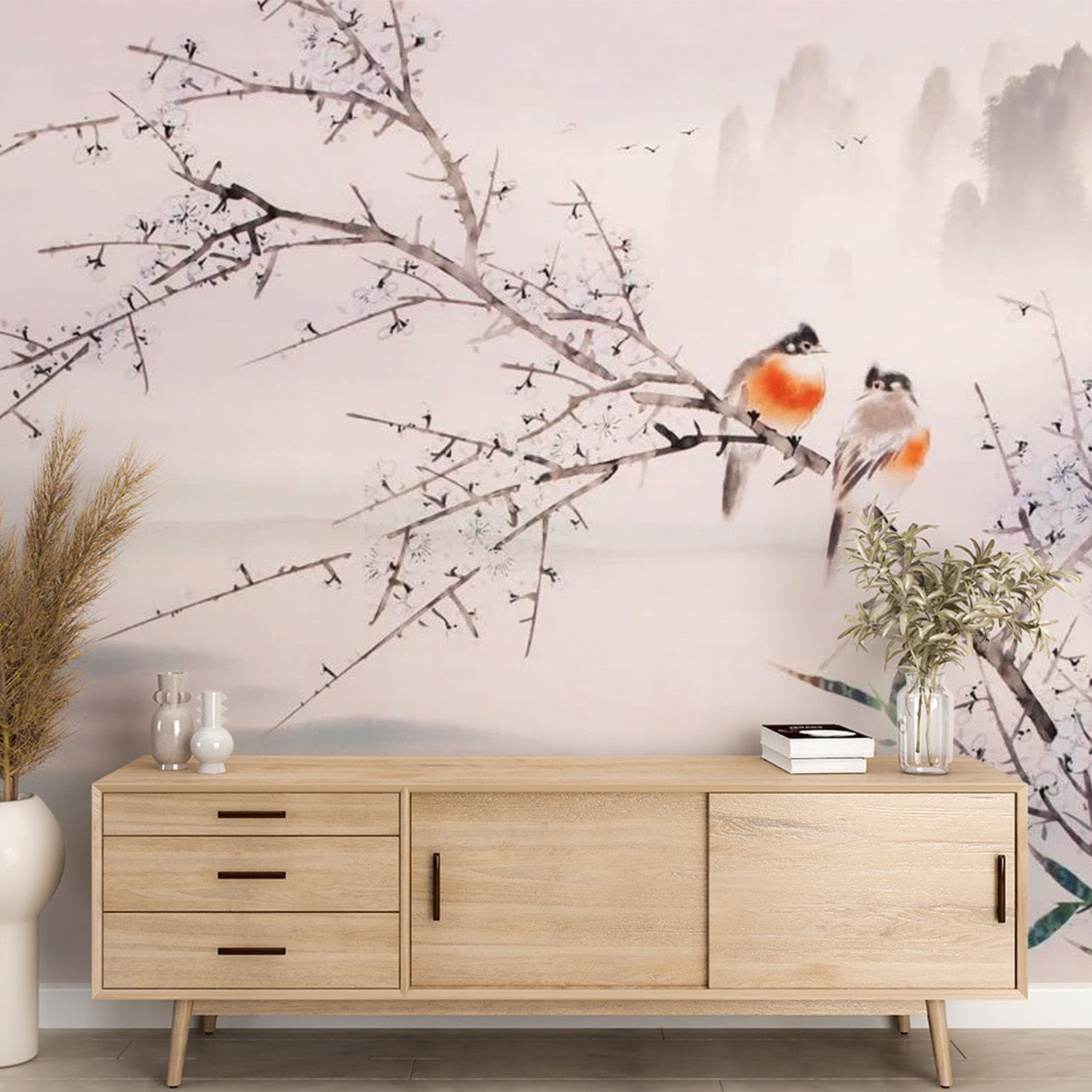 papier peint japonais fleurs de cerisier japoansi blanches et oiseaux