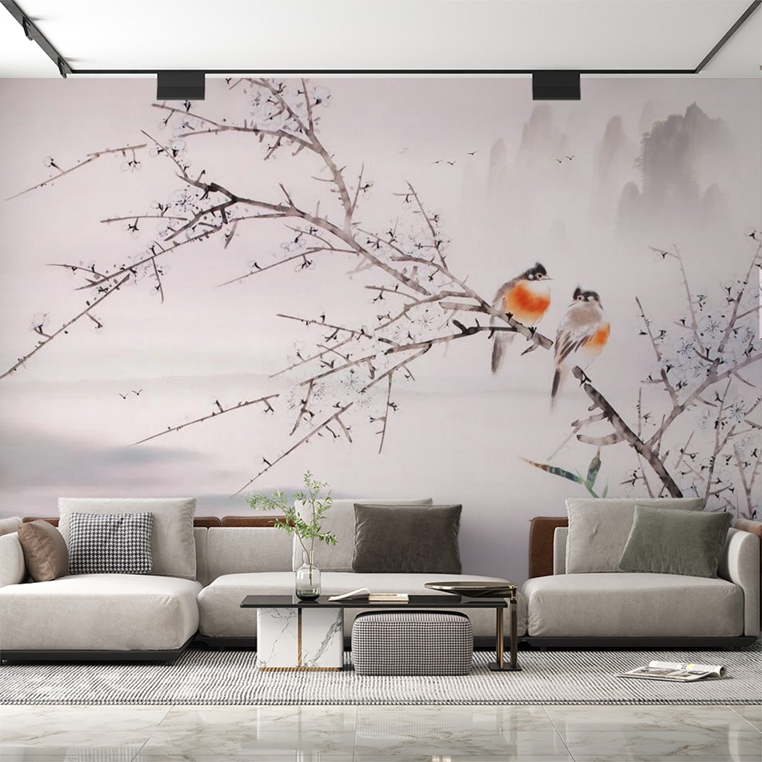 papier peint japonais oiseaux et cerisier japonais blanc