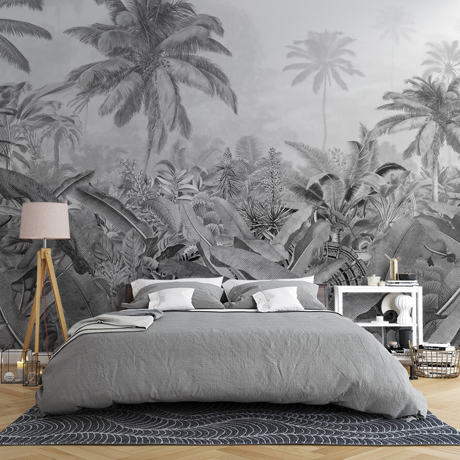 papier peint jungle noir et blanc avec feuillages et palmiers