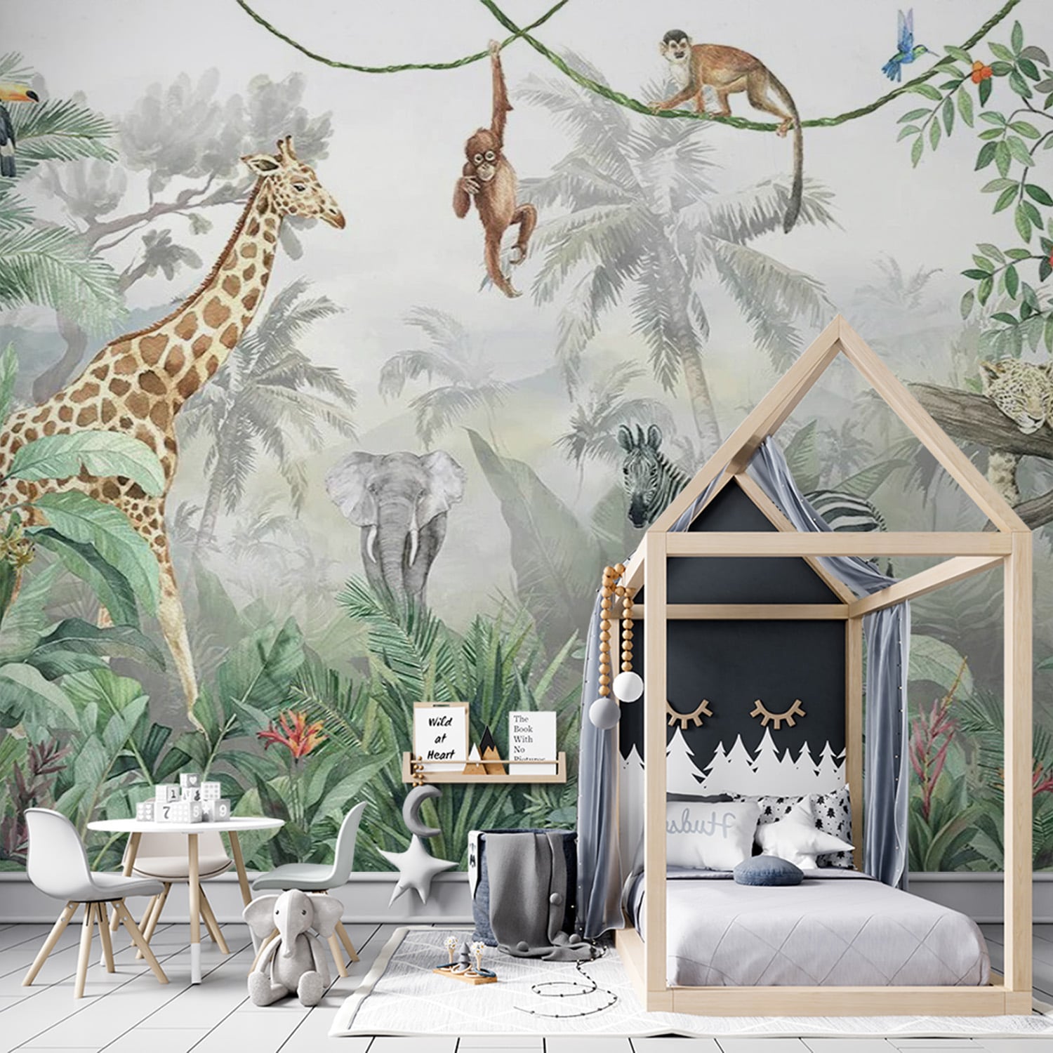papier peint jungle pour bébé avec girafe éléphant et zèbre