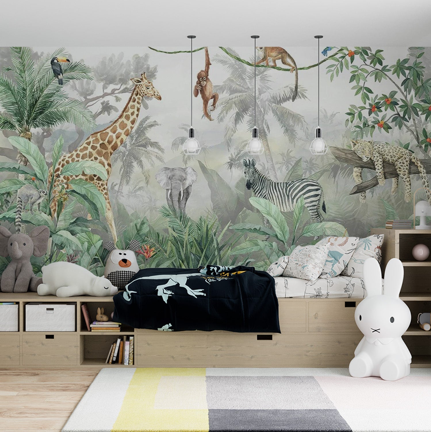 Papier peint jungle avec girafe, éléphant, singe et zèbre