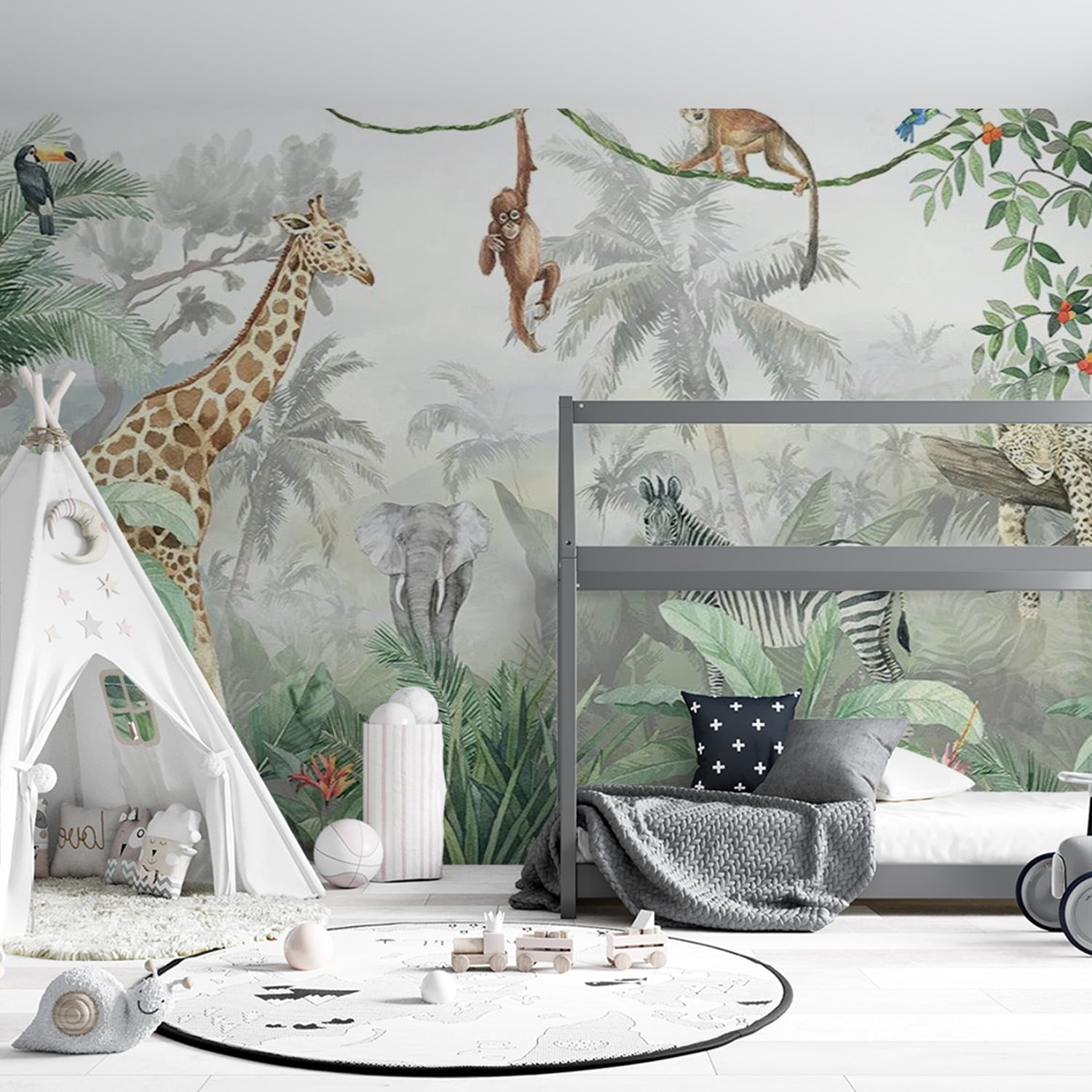 papier peint jungle pour enfant et bébéb avec girafe singe et éléphant