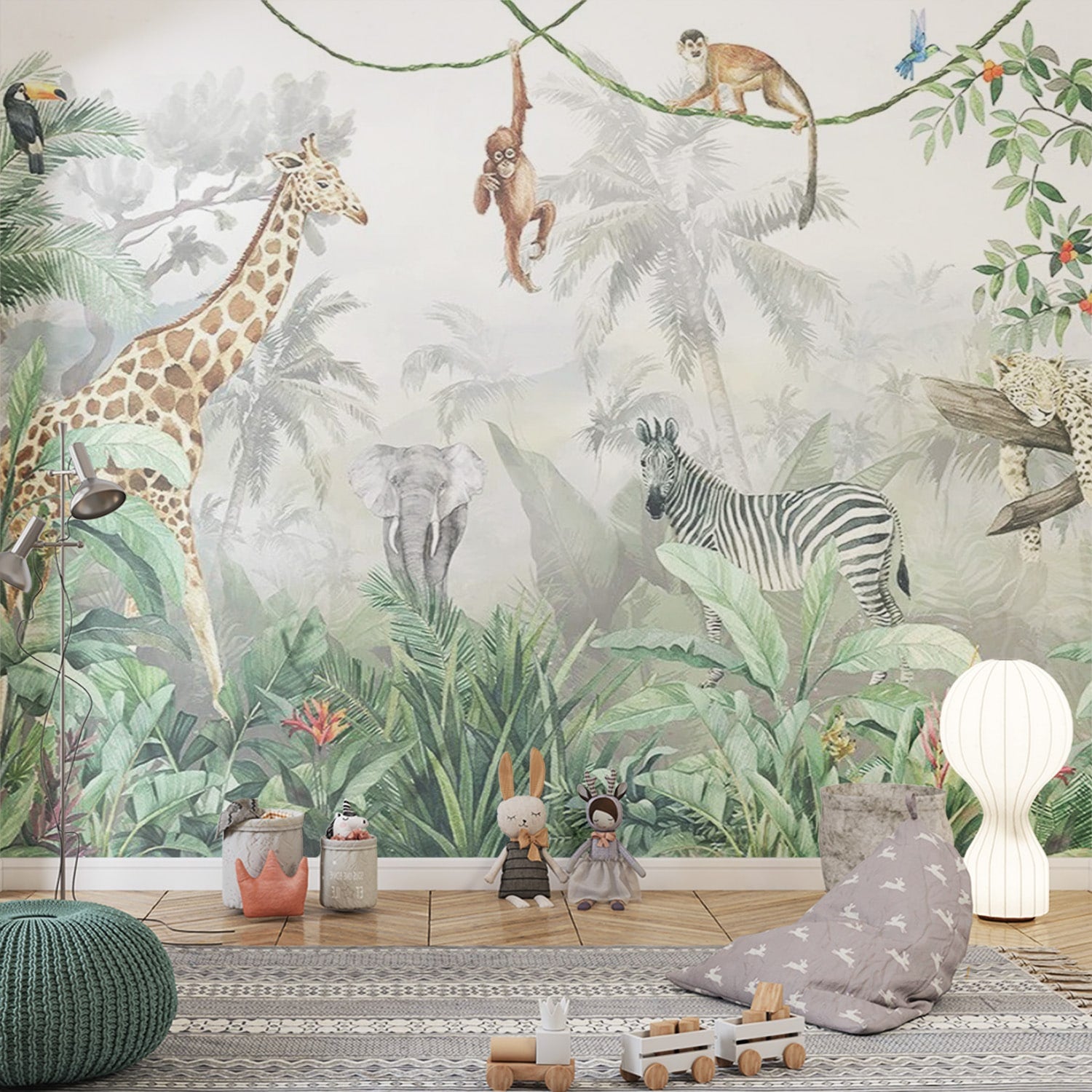 papier peint jungle avec éléphant girafe et singe dans un décor verdoyant