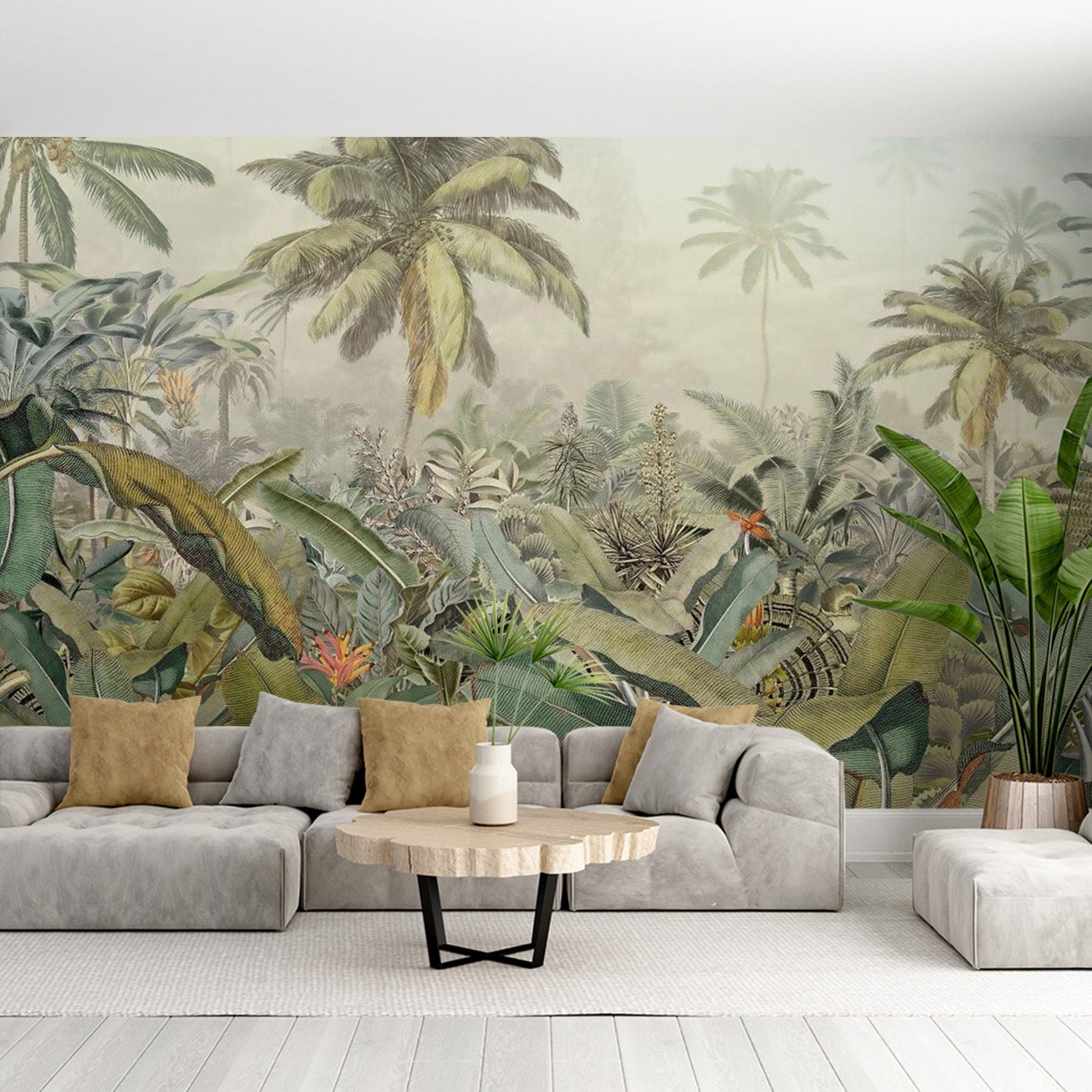 papier peint jungle tropical avec feuillages et palmiers verts