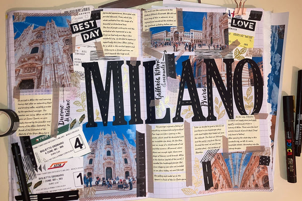 Creative travel scrapbook pages with photos and memorabilia from Milan, Italy, ideal for a DIY travel souvenir blog post.