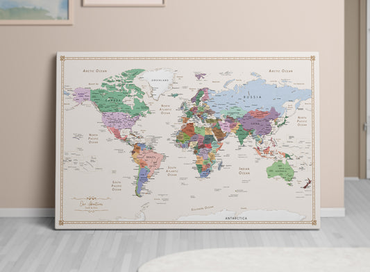 World Map Cork Bulletin Board with Push Pins Picture Travel Art