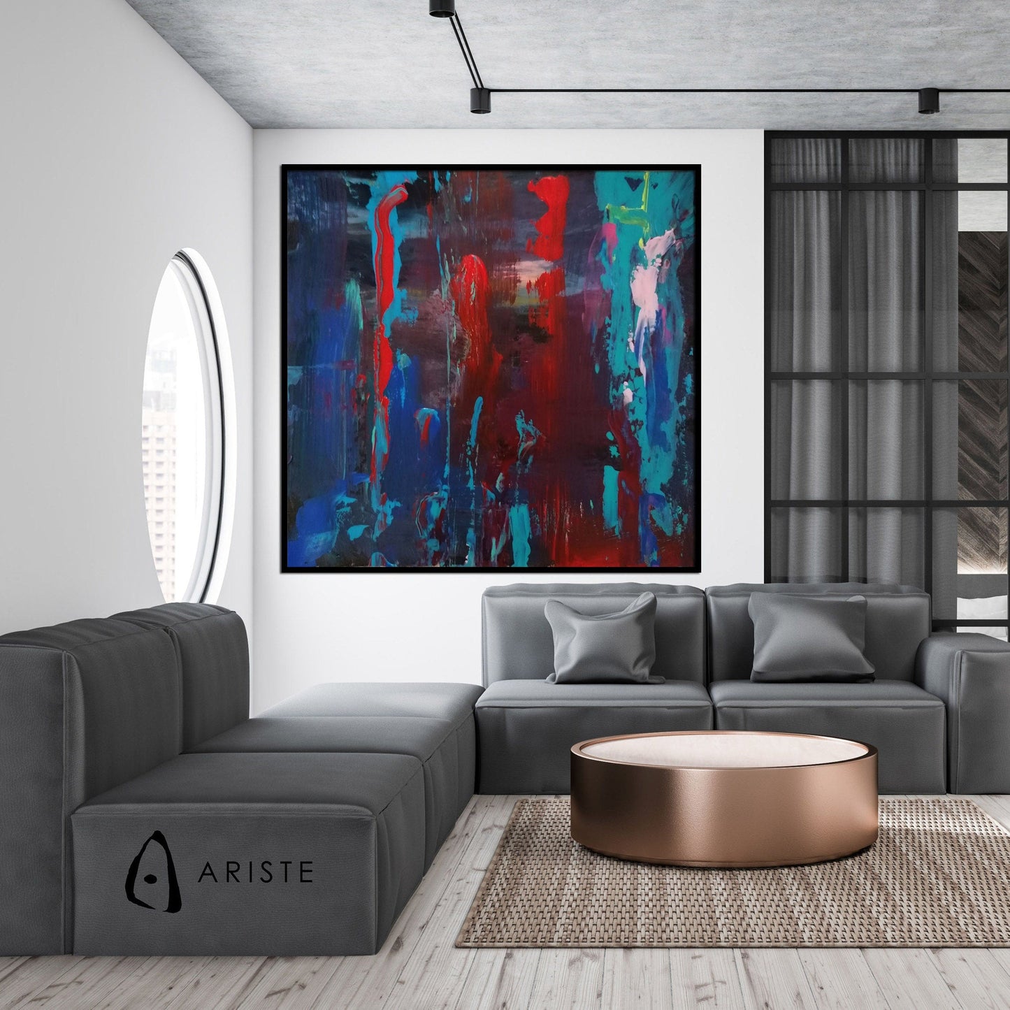 Blue & red large abstract paintings made to order in a custom size vertical, horizontal, and square abstract wall art made to order in a custom size