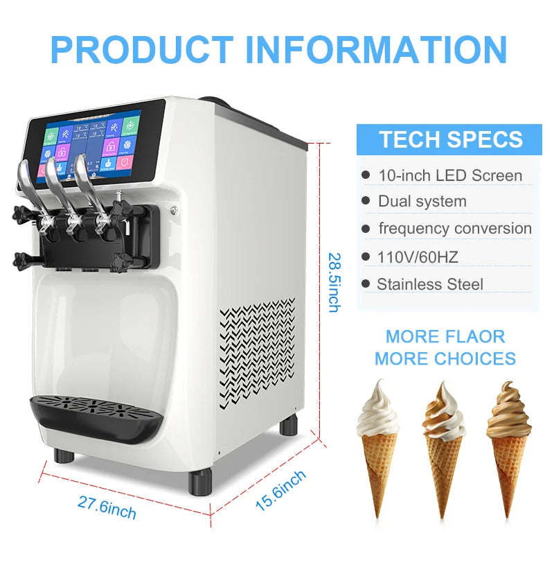 GSEICE Commercial Ice Cream Maker Machine for Home, 3.2 to 4.2 Gal/H Soft Serve Ice Cream Machine with Pre-cooling, 1050W Single Flavor Ice Cream