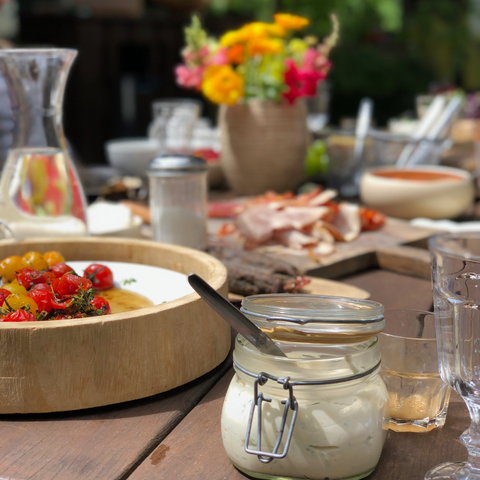 A set table for a shared meal at a team event