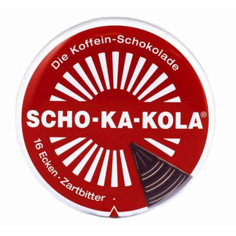 scho-ka-kola die Koffein-Schokolade in einer roten runden Verpackung