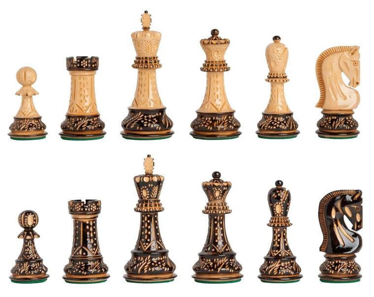 Anjan Wood Board with Reproduced Russian Zagreb Chess Pieces with Rose