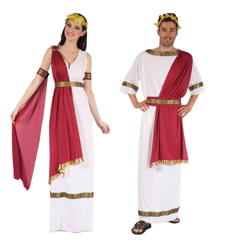 Adult Greek God and Goddess Costume Set with Headdress, Robe, and Belt for Cosplay and Halloween Events