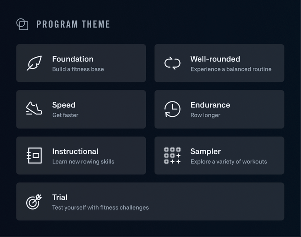Image showing the new Ergatta Push Program themes, including: Foundation, Well-rounded, Speed, Endurance, Instructional, Sampler, and Trial