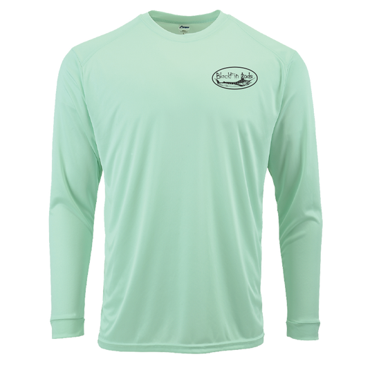 Two sided, Dri-fit, UPF 50, long sleeve surf shirt with Blackfin logo on front and Florida map on back. Green front