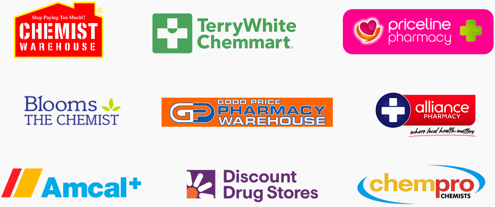Chemist Warehouse, TerryWhite Chemmart, Priceline, Blooms The Chemist and many more.