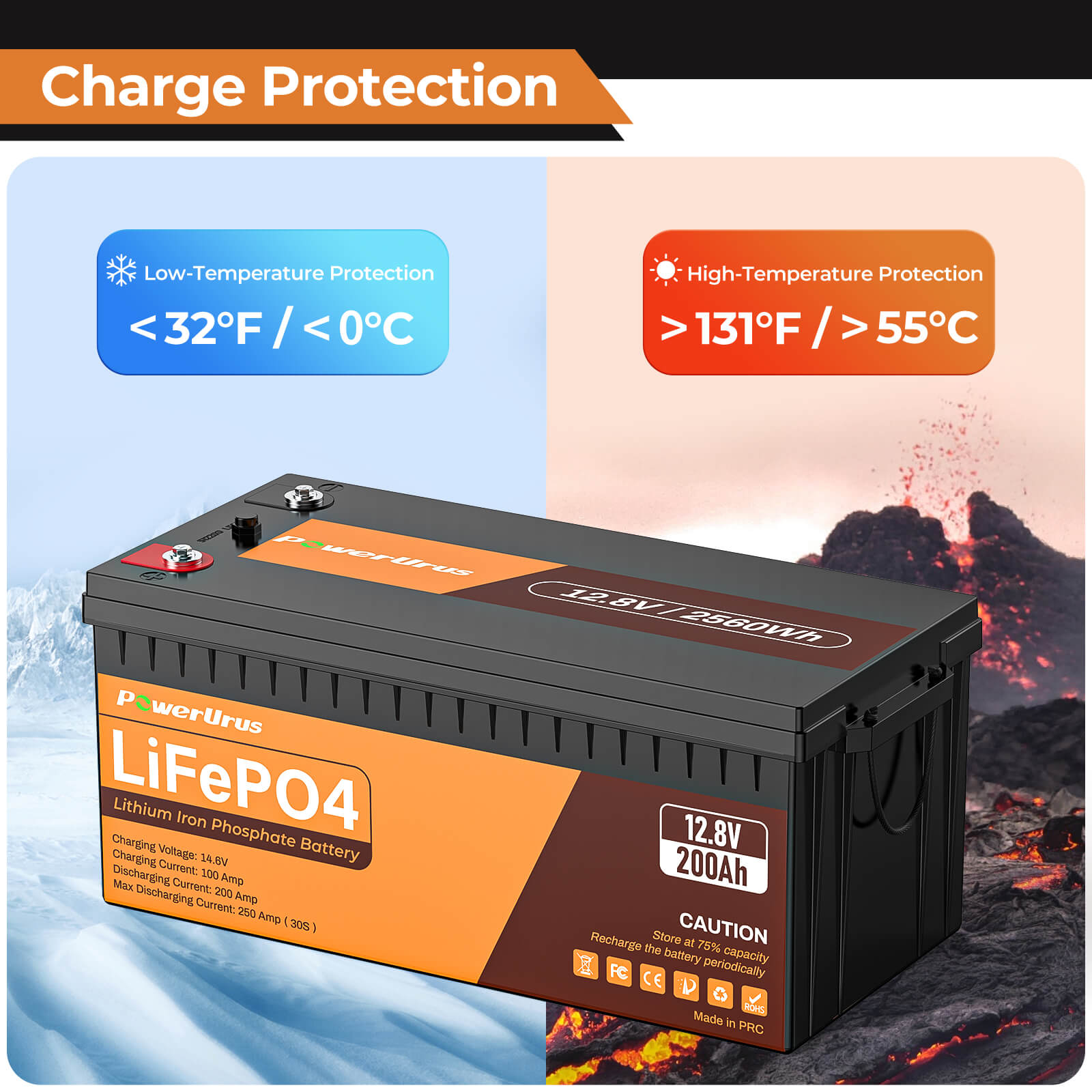 PowerUrus 12V 100Ah Self Heating LiFePO4 Lithium Battery APP and Low T