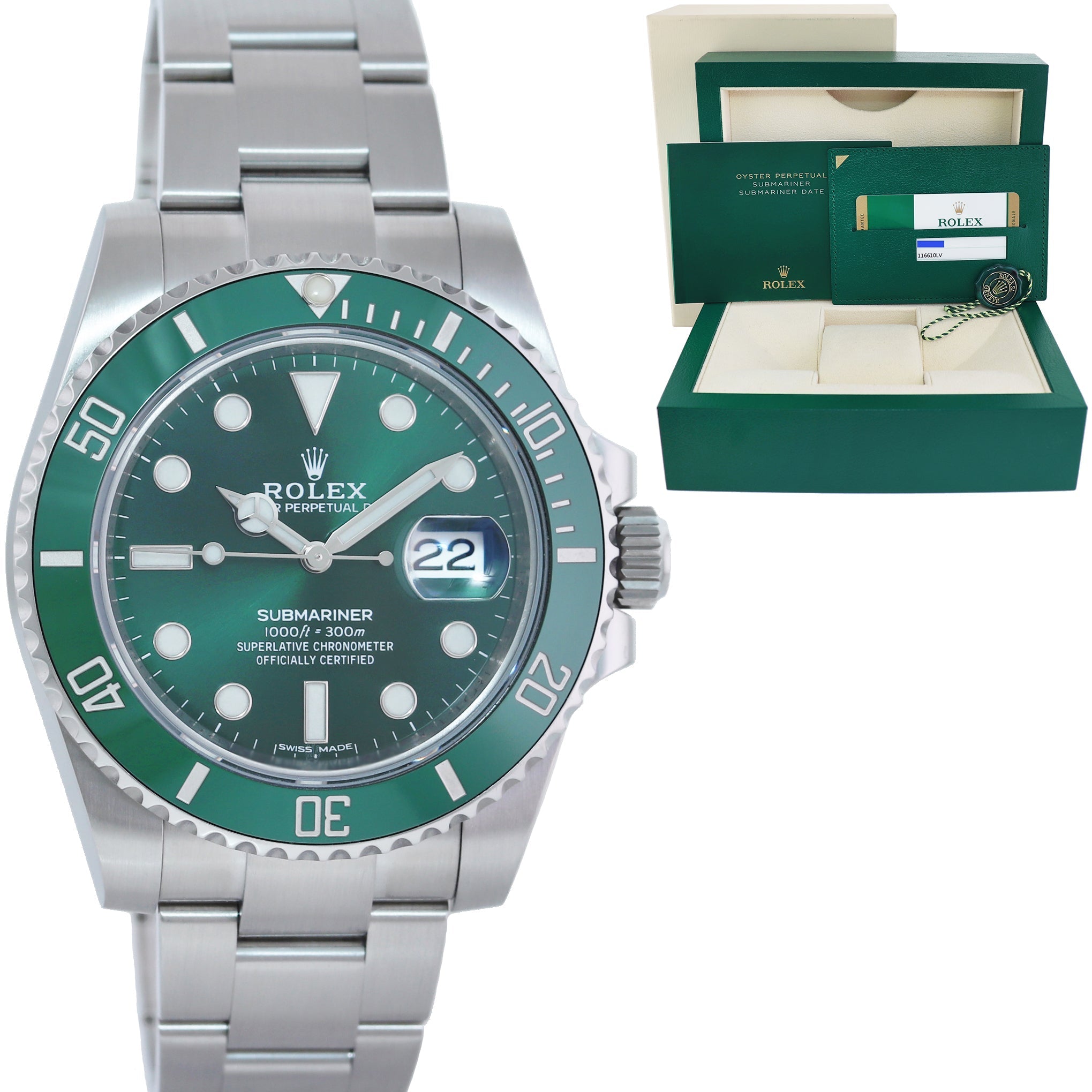 MINT 2020 PAPERS Rolex Submariner Hulk 116610LV Green Dial Ceramic Watch Box - Huntington Watch product image