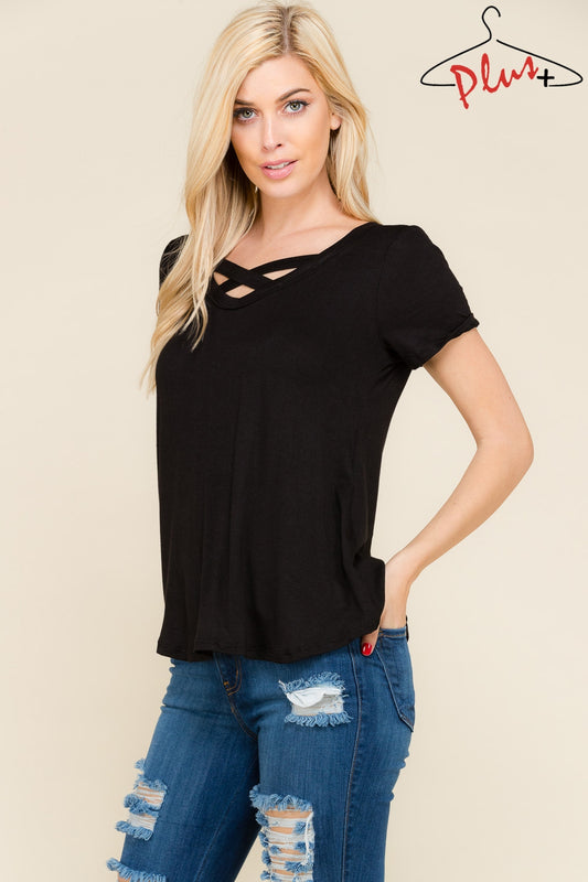 Criss-cross front V-neck ribbed short-sleeve top