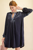 Loosefit soft velvet tunic dress with pockets blue gray front posed