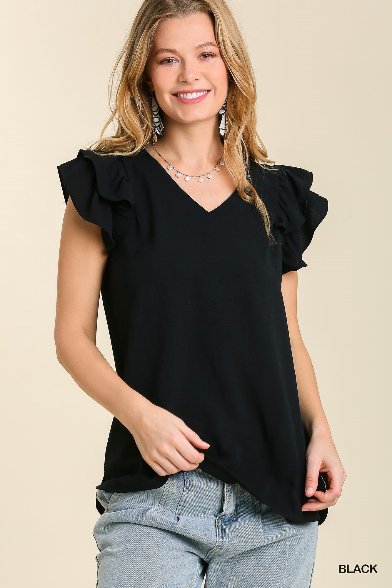 V-Neck Double Layered Flutter Sleeve Blouse with No Lining