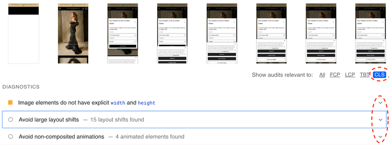 PageSpeed Insights report showing the filmstrip thumbnails and the CLS diagnostics