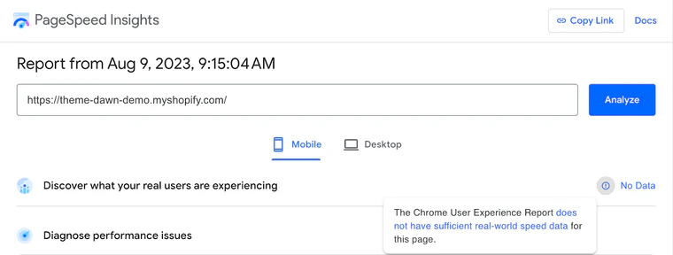 Screenshot from PageSpeed Insights showing no CrUX data was collected for the Dawn demo store because of not enough traffic.