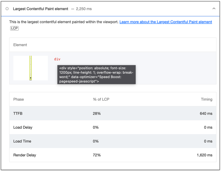 Screenshot showing that the browser choose a fullscreen div as the LCP element.