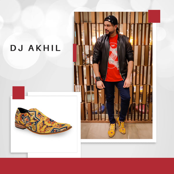 DJ Akhil wearing custom Kanvas loafers in statement prints