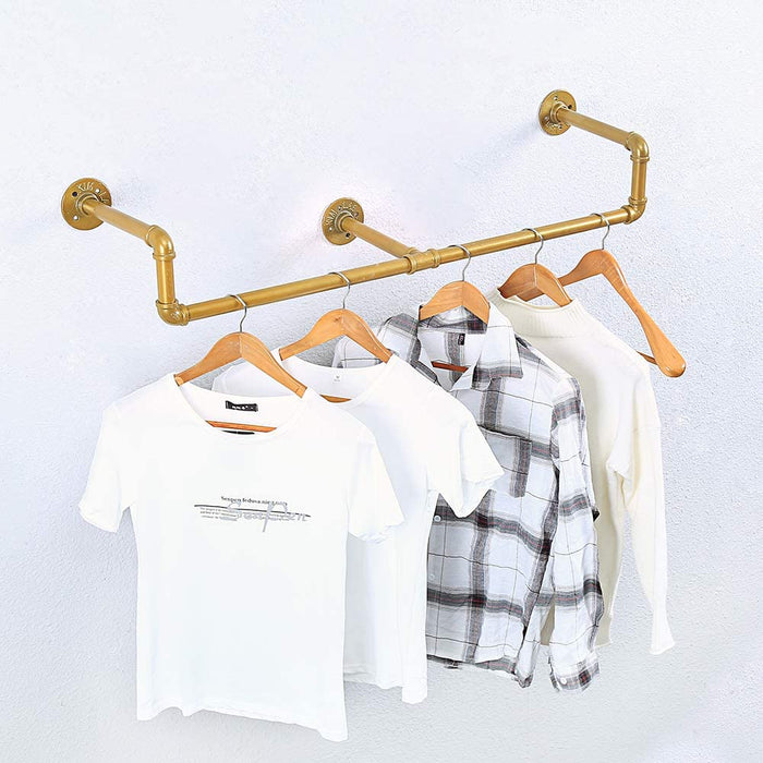 Pipe Clothing Rack - [59in - Gold] Industrial Pipe Clothing Rack, Wall Mounted Clothes Rack