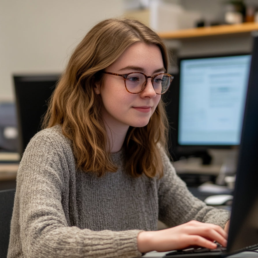 A young woman with glasses typing at a computer