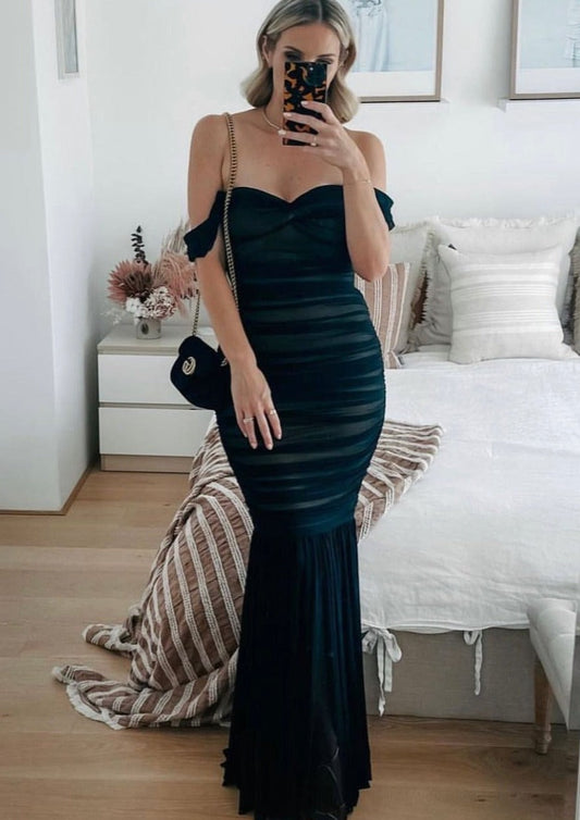 BLACK SATIN RUFFLE SHOULDER GOWN – Carla Zampatti