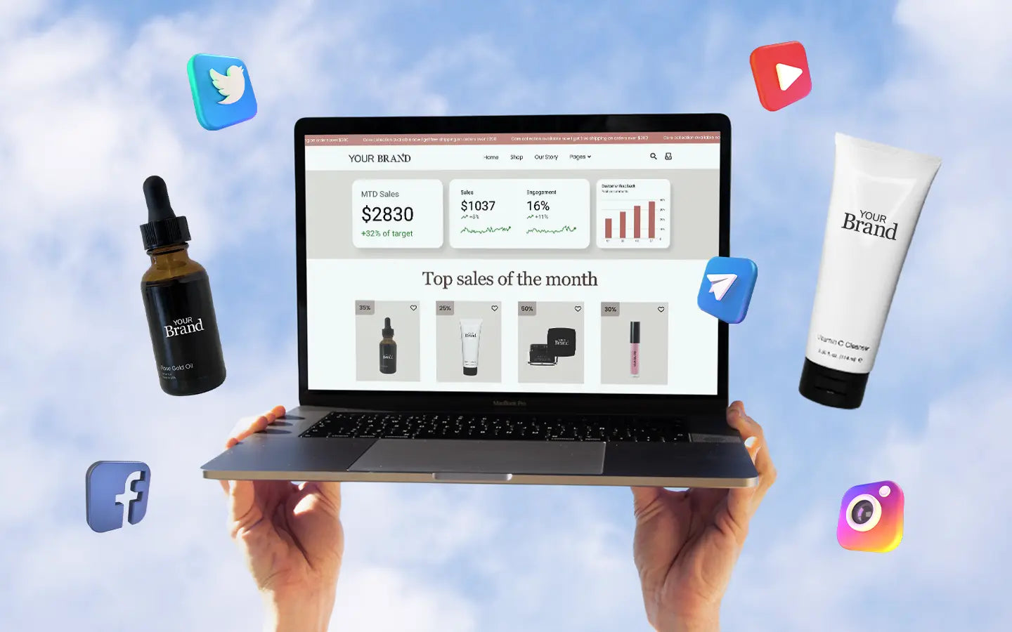 Laptop, logos and skincare held up in the air