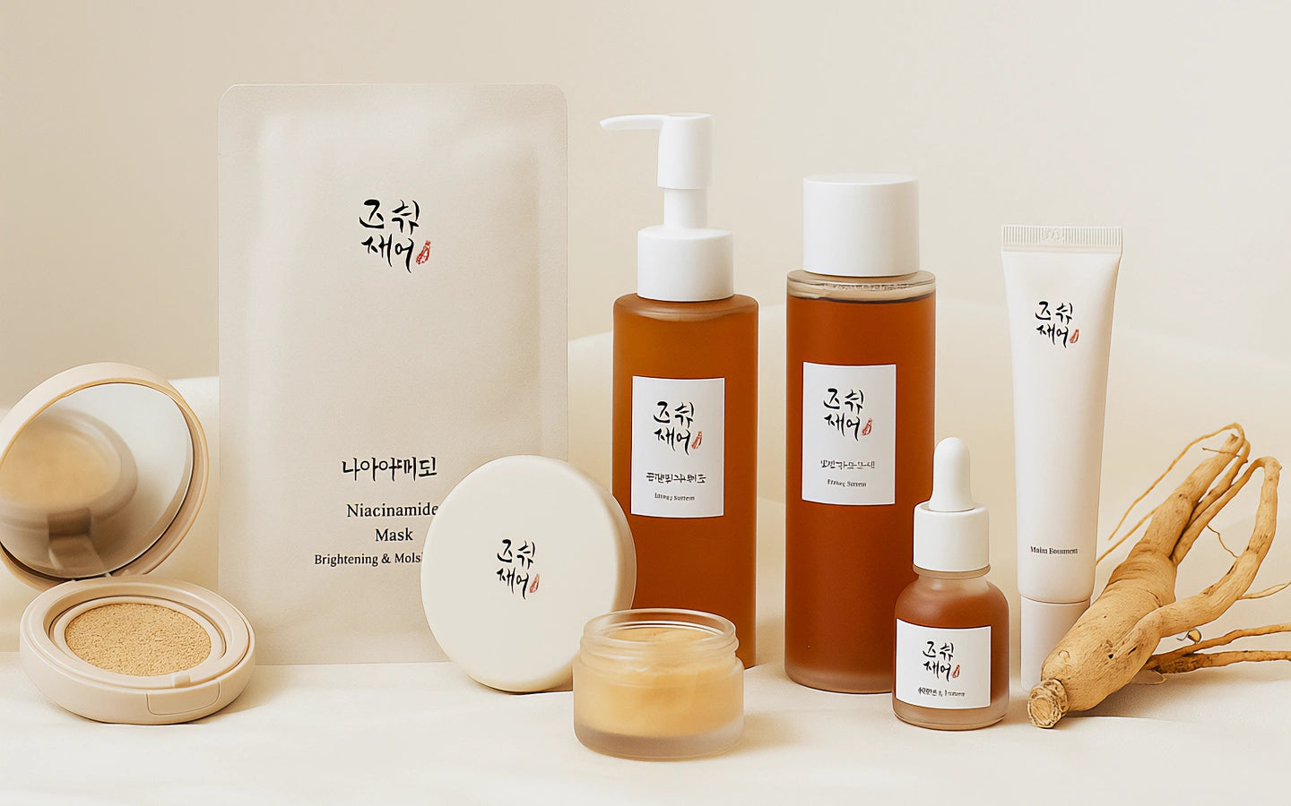 A stylized shot of innovative products—sheet masks, cushion compacts, jelly creams—displayed with sleek, futuristic packaging to emphasize how K-beauty sets trends in product design and texture.