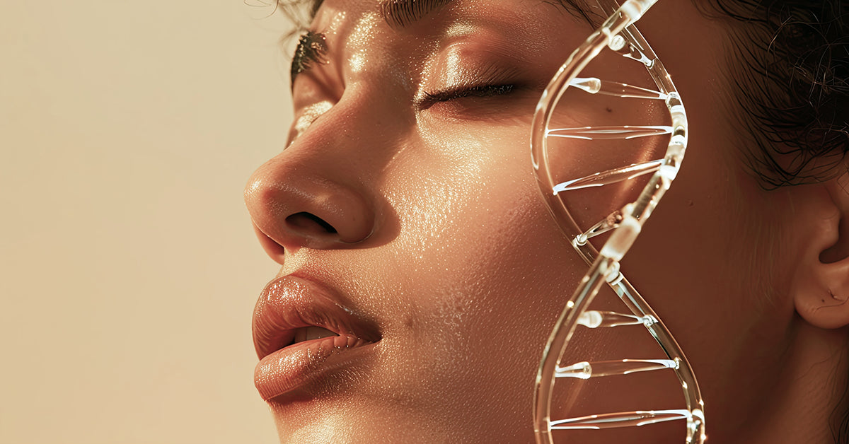 Woman with gene graphic indicating Regenerative and Anti-Aging Innovations personalized skincare products