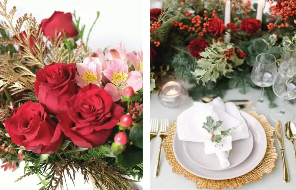 red and gold christmas table flowers