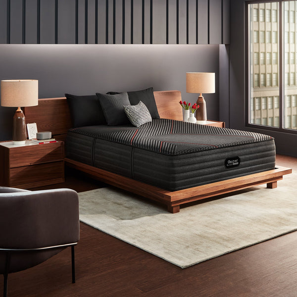 Beautyrest Black Hybrid C-Class Plush Mattress On Bed Frame In Bedroom