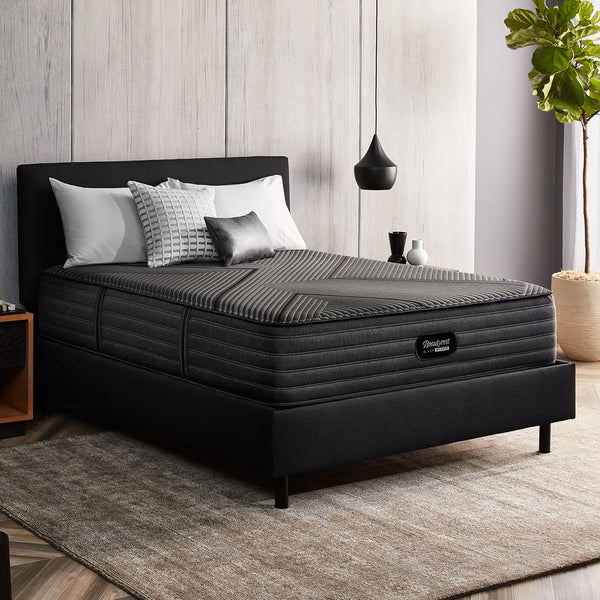 Beautyrest Black Hybrid L-Class Plush Mattress On Bed Frame In Bedroom