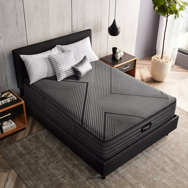 Beautyrest Black Hybrid L-Class Firm Mattress On Bed Frame In Bedroom Overhead View
