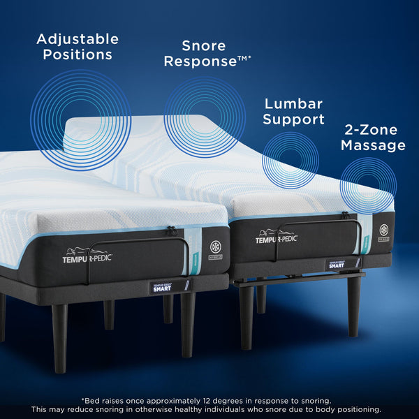 Tempur-Pedic Ergo Smart 3.0 Adjustable Base, adjustable positions, Snore Response, Lumbar Support, 2-Zone Massage.