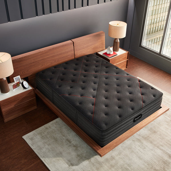 Beautyrest Black C-Class Firm Mattress On Bed Frame In Bedroom Overhead View