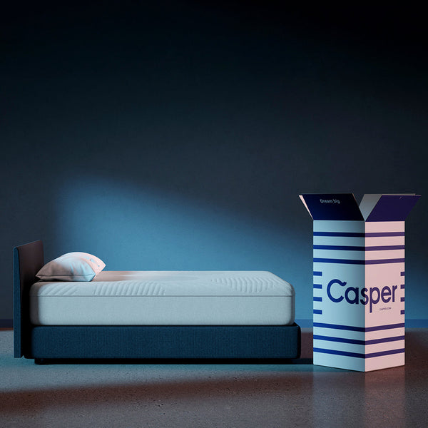 Casper Wave Hybrid Snow Mattress On Bed In Bedroom With Box Packaging