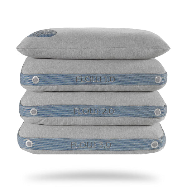 Products Bedgear Flow Performance Pillow stacked top to bottom- 0.0, 1.0, 2.0, 3.0