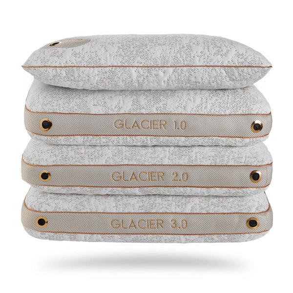 Bedgear Glacier Performance Pillows stacked  0.0, 1.0, 2.0, 3.0 from top to bottom